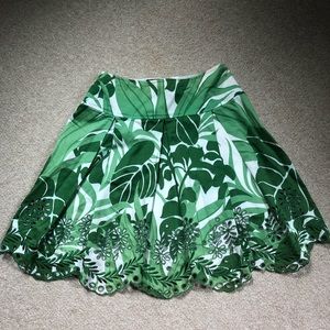 Green and white embroidered front flare skirt
